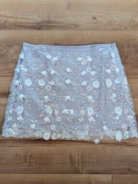 ZARA Floral Sequinned Mini Skirt Silver 3D Flower Beaded Mesh Party Bach Sz L